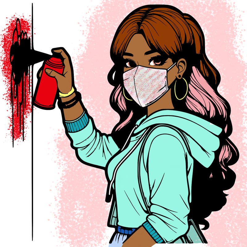 realistic girl with mask spray painting a wall