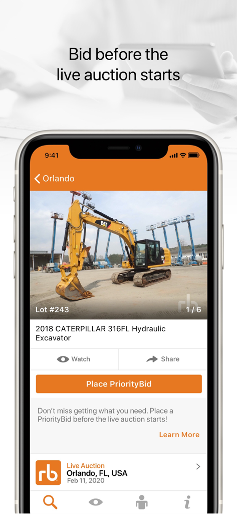 Ritchie Bros. - Ritchie Bros app screen showing a Caterpillar excavator with an option to place a priority bid.