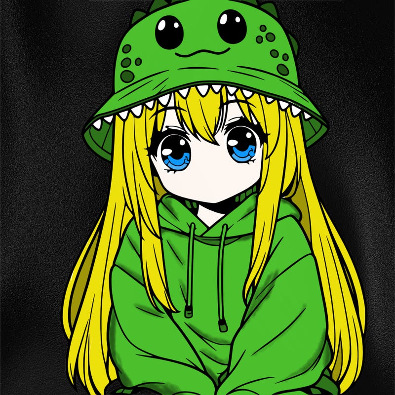 girl with anime shaped eyes with a dinosaur bucket hat oversized sweatshirt long straight hair