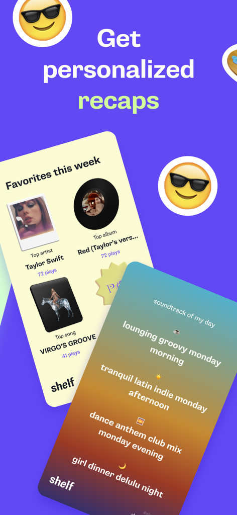 Una pantalla de la aplicación Shelf que muestra favoritos semanales personalizados y un resumen de la banda sonora diaria.