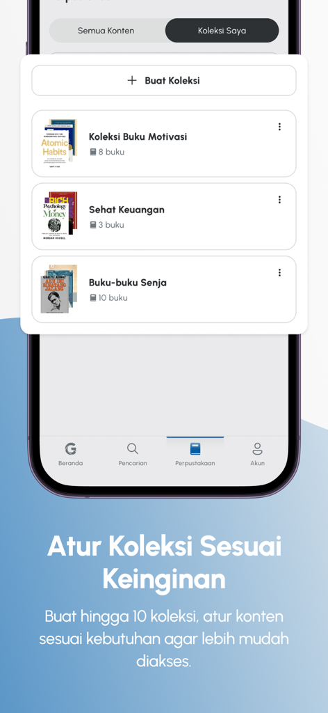 Gramedia Digital App-Oberfläche, die benutzerdefinierte Buchsammlungen in der Bibliothek zur einfacheren Organisation zeigt