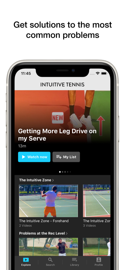 Intuitive Tennis - Intuitive Tennis app interface showing a video lesson on getting more leg drive on a serve and categories for common recreational tennis problems.