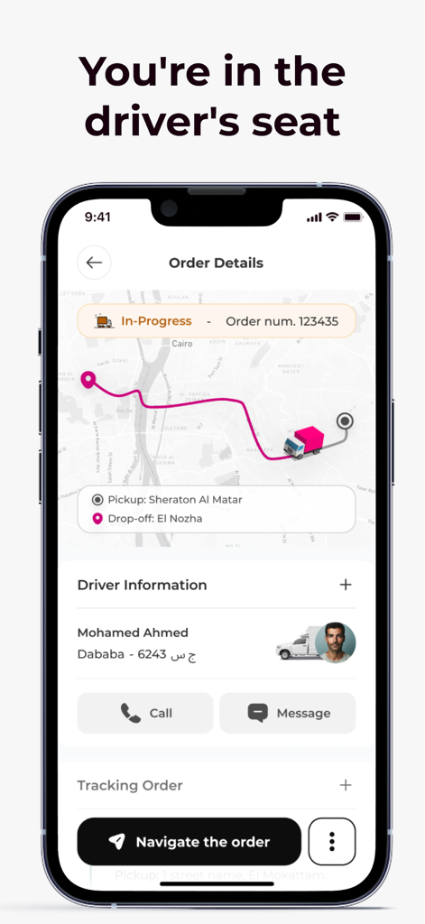 Pantalla de seguimiento de pedidos de la aplicación Naqla que muestra un mapa en tiempo real con la ubicación del camión e información del conductor