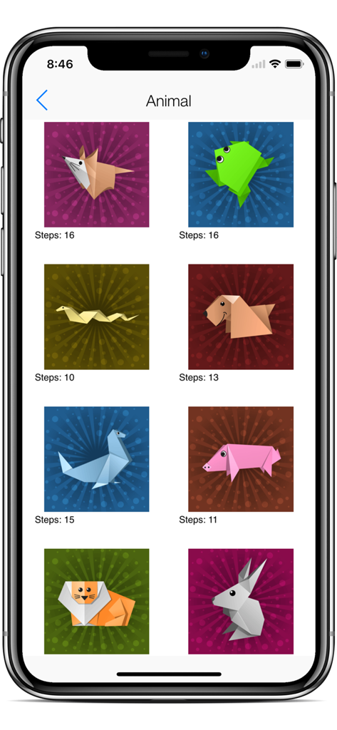 Origami Creator: Fold & Learn - Interface of the Origami Creator app displaying a grid of animal paper folding projects including a fox frog and dog with their respective step counts