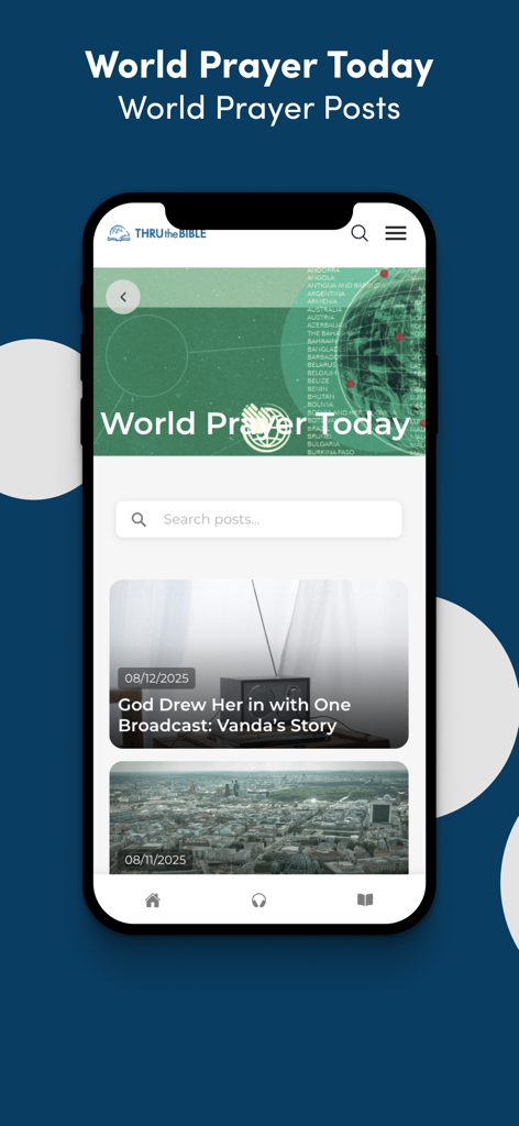 THRU the BIBLE App - The World Prayer Today screen on the THRU the BIBLE app showing a feed of global prayer stories and a search bar.