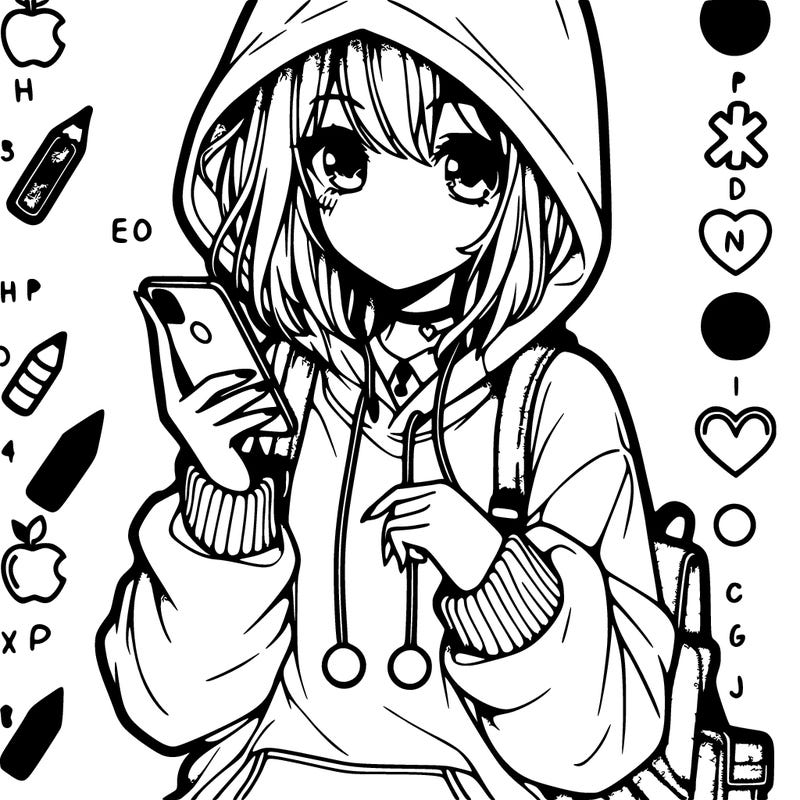 anime girl holding a phone and wearing a hoodie in a emo fase