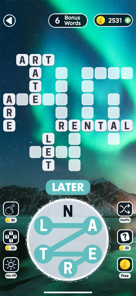 Word Swipe Connect: Crossword - A word connect puzzle game screen with a letter wheel over a beautiful aurora borealis and mountain background