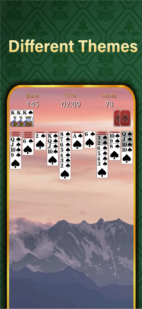 Solitaire Relax®Classic Spider - Spider Solitaire gameplay with large card fonts and a mountain landscape background theme