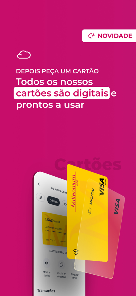 Promotional screen for the Millenniumbcp app showcasing digital Visa cards ready for immediate mobile use