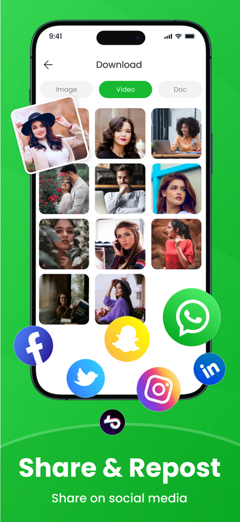 Mobile app interface showing a gallery of images with social media icons for sharing and reposting content.