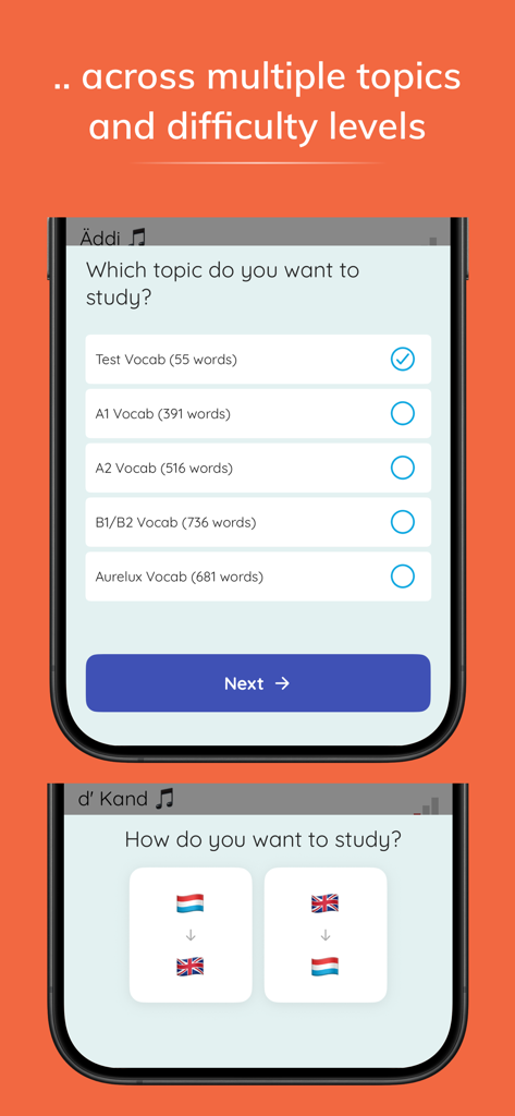 Wuertschatzアプリのルクセンブルク語の語彙トピックと学習モードの選択。