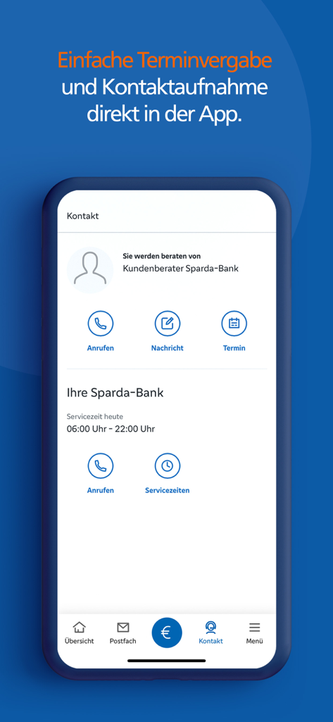SpardaBanking App - Interface of SpardaBanking app showing contact options and appointment scheduling