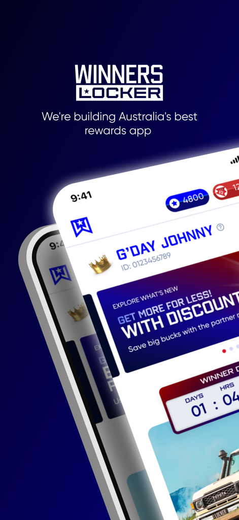 Winners Locker app interface showing member dashboard with rewards and discounts