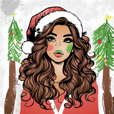 realistic christmas girl with wavy hair and lips