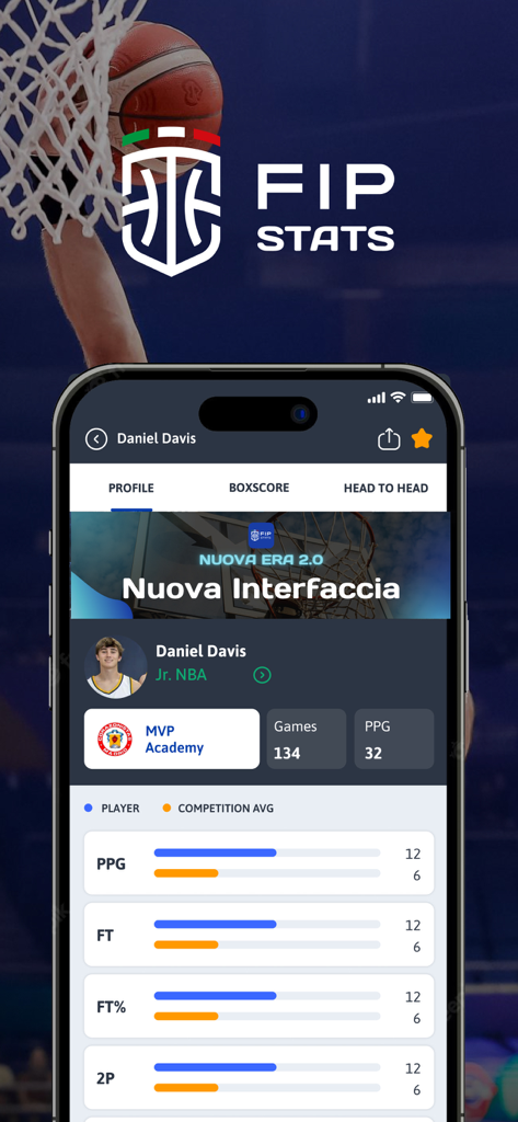 FIP Stats - Interfaccia dell'app mobile FIP Stats che mostra il profilo di un giocatore di basket con statistiche e grafici di confronto delle prestazioni.