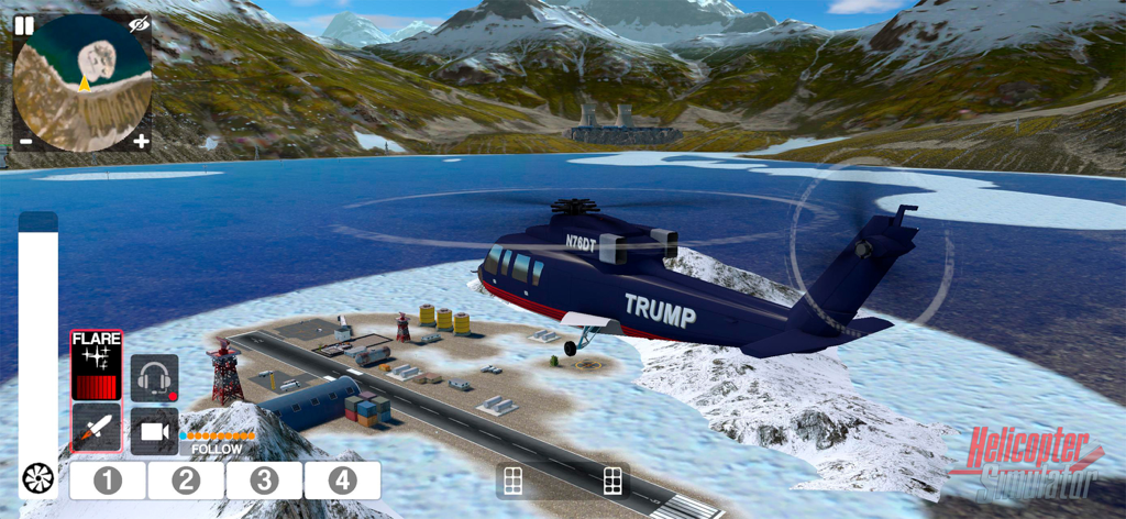 Helicopter Simulator 2026 - A blue helicopter flying over a snowy mountain airbase in Helicopter Simulator 2026.