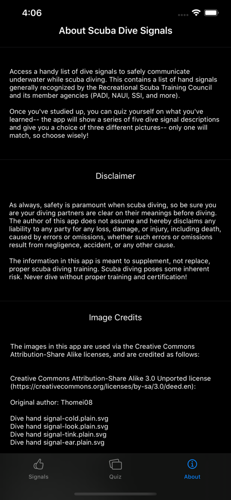Die Über-Seite der Tauchzeichen-App, die ihre Beschreibung, Haftungsausschlüsse und Bildnachweise anzeigt.