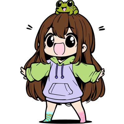 a excited chibi girl whith long hair and a baggy shirt whith a frog on there head