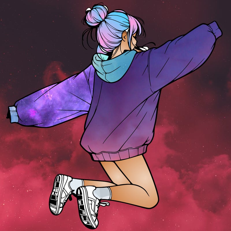 realistic girl jumping with a bun and oversized sweatshirt
