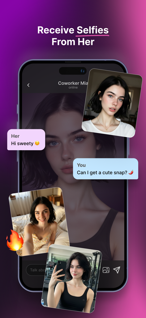 A smartphone display of the SpicyGF app showing a chat with an AI girlfriend sending realistic selfies upon request