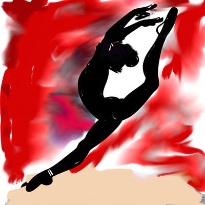 gymnast doing a leap in a leotard with a bent back leg