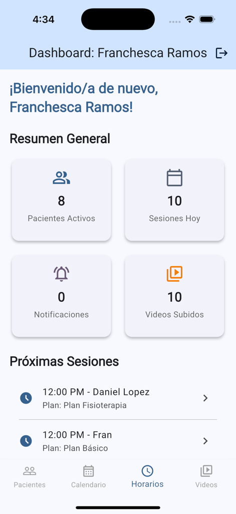 Panel de control de la aplicación FitSharp para un fisioterapeuta que muestra resúmenes de sesiones y próximas citas de pacientes