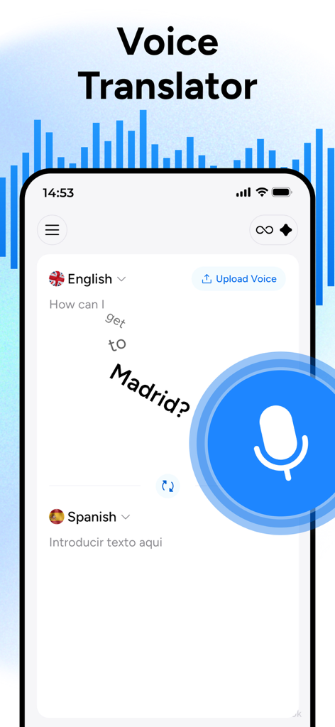 AI Translator - Translate AI - AI Translator app voice translation interface showing English to Spanish speech-to-text.