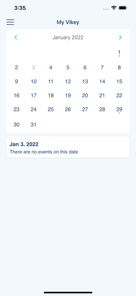 Vikey Host - Ein Bildschirm einer mobilen App, der eine monatliche Kalenderschnittstelle für die Verwaltung von Mietobjekten in der Vikey Host App anzeigt.