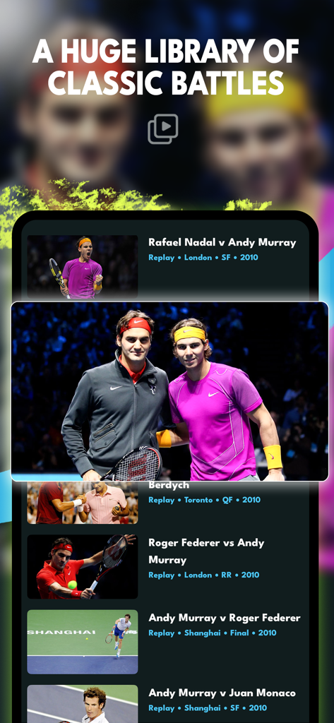 フェデラーやナダルなどのレジェンドを特集したクラシックATPツアーの試合再生ライブラリを紹介するTennis TVアプリのインターフェース