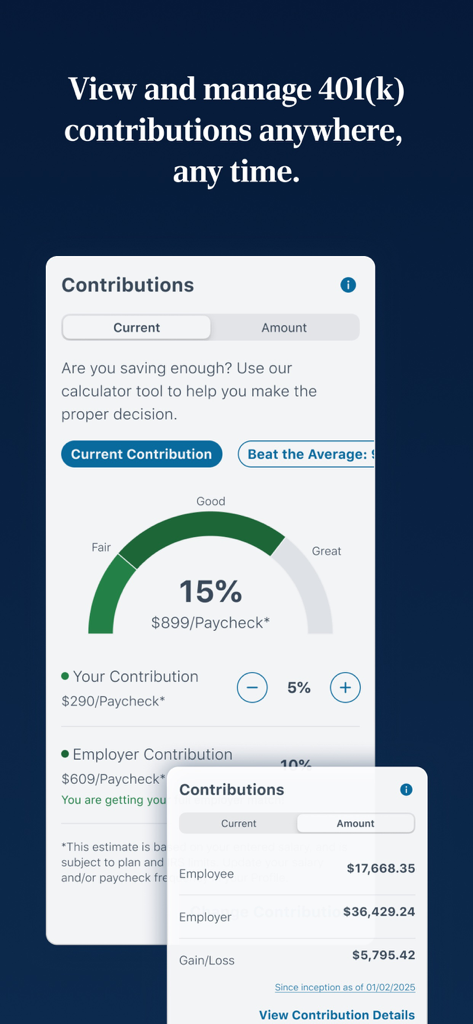 T. Rowe Price Personal® - Interface of T. Rowe Price app showing 401k contribution breakdown and employer match summary
