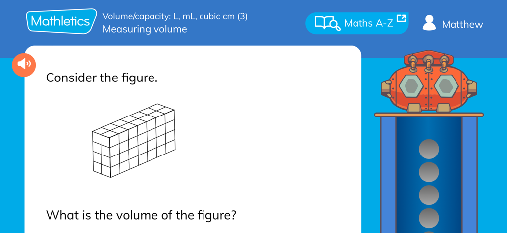 Interface do aplicativo Mathletics Students mostrando um problema de geometria sobre a medição do volume de uma figura 3D.