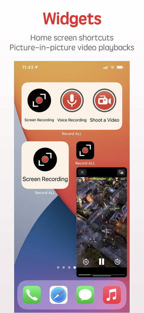 ホーム画面ショートカットとピクチャーインピクチャービデオ再生用のScreen Recorder RecordXウィジェット。