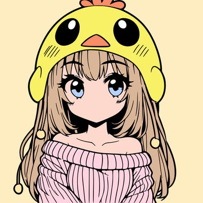 anime girl with chick shaped hat with sweater with bare shoulders with bangs covering them one eye with low tail
