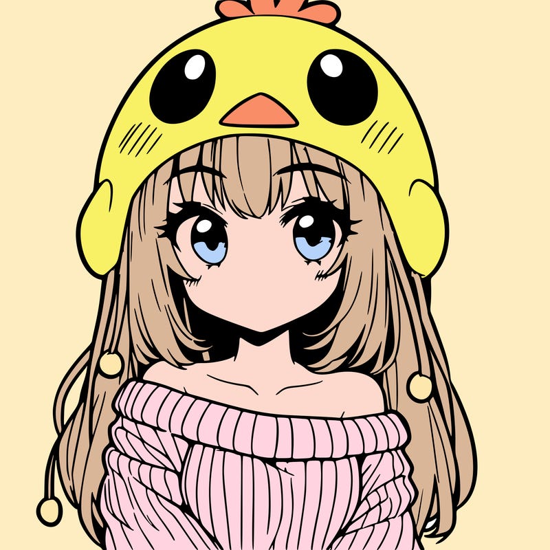 anime girl with chick shaped hat with sweater with bare shoulders with bangs covering them one eye with low tail