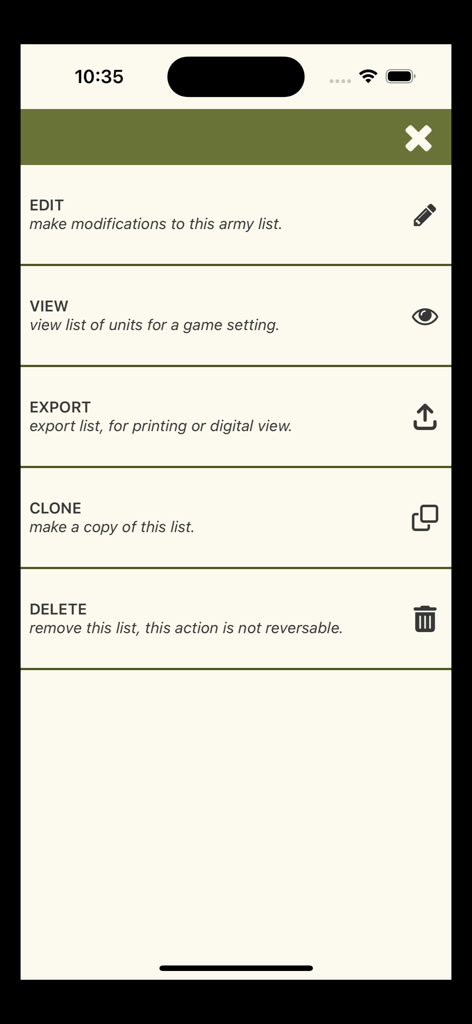 2nd In Command: Bolt Action - 軍隊編成リストの編集、表示、エクスポート、クローン、削除オプションが表示されたメニュー画面