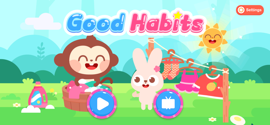 Develop good habits：DuDu Game - Main menu of DuDu Game showing a monkey doing laundry and a bunny character in a sunny outdoor setting