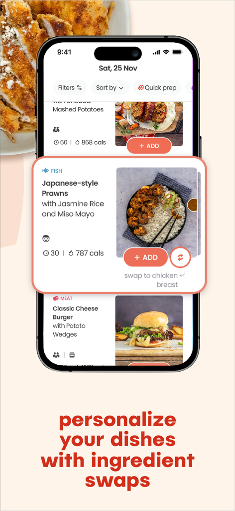 Hello Chef: Meal Kit & Recipes - Hello Chef app screen showing the ability to personalize dishes with ingredient swaps