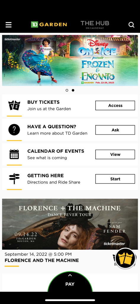 TD Garden Hub - Home screen of the TD Garden Hub app featuring options for buying tickets, viewing the event calendar, and getting directions to the arena.