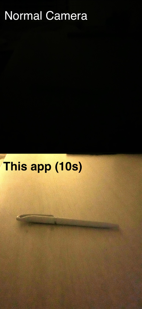 Easy Long Exposure Camera - 通常のカメラのショットと、暗い部屋での10秒間の長時間露光ショットのサイドバイサイド比較