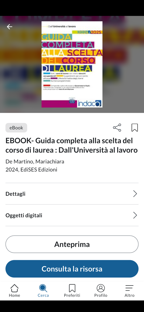 BiblioSar - BiblioSar app screen displaying details for an academic ebook with buttons to preview and consult the digital resource