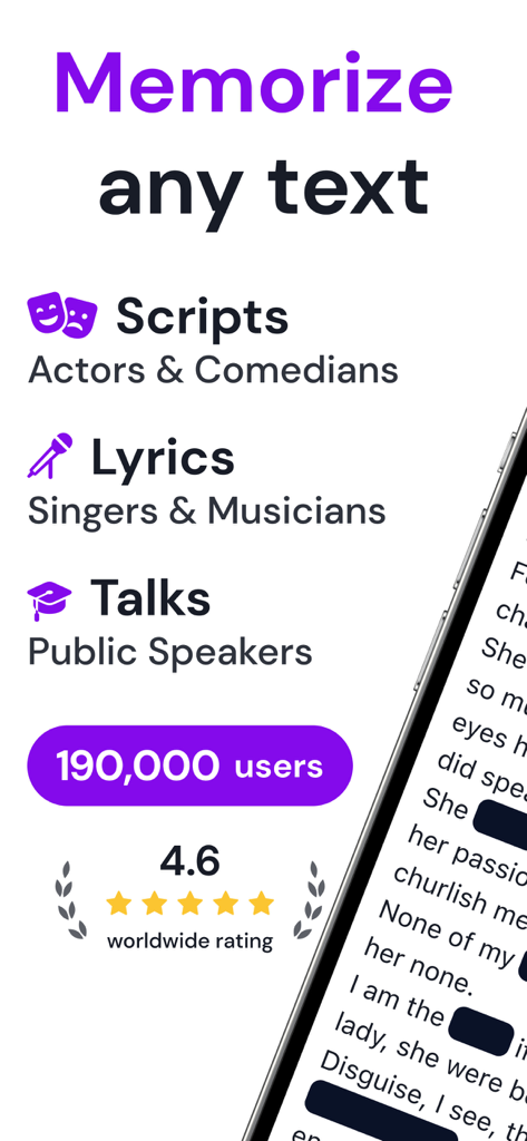 MemoCoach app screen showing text memorization features for scripts lyrics and public speaking