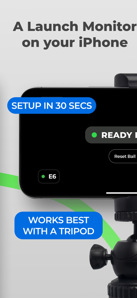 GolfTrak: Phone Launch Monitor - GolfTrak app on an iPhone mounted on a tripod showing quick setup for use as a golf launch monitor.