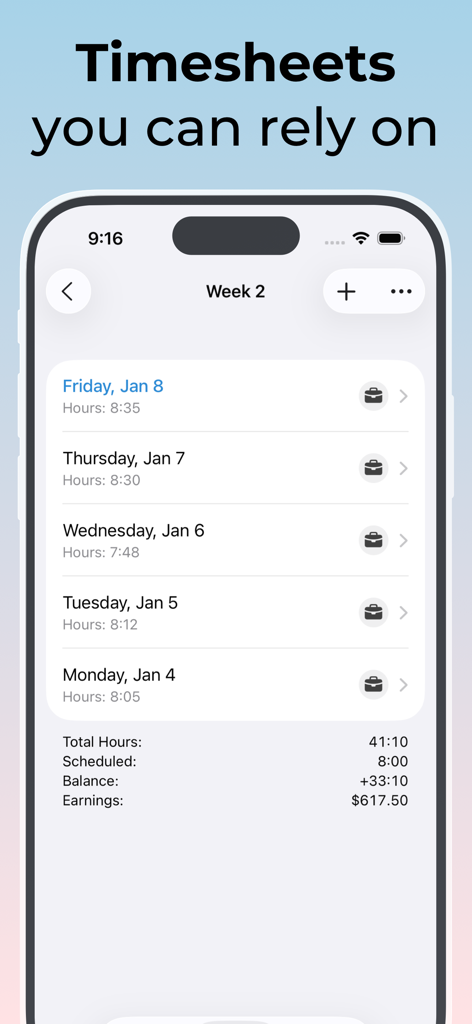 Mobile app screenshot showing a weekly timesheet with daily work hours and total earnings calculation