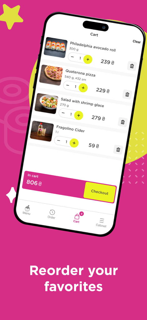 Yapiko - Pantalla del carrito de compras de la app Yapiko mostrando una mezcla de sushi, pizza y bebidas con una opción de pago.