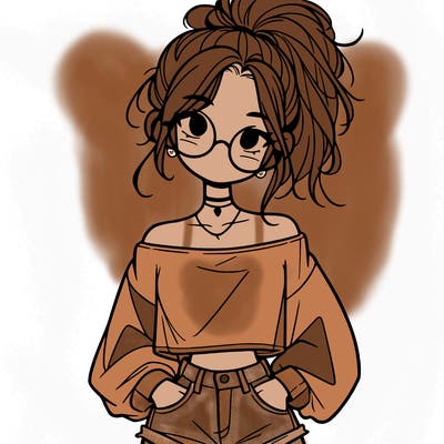 girl with a messy ponytail glasses a baggy crop top and jean shorts