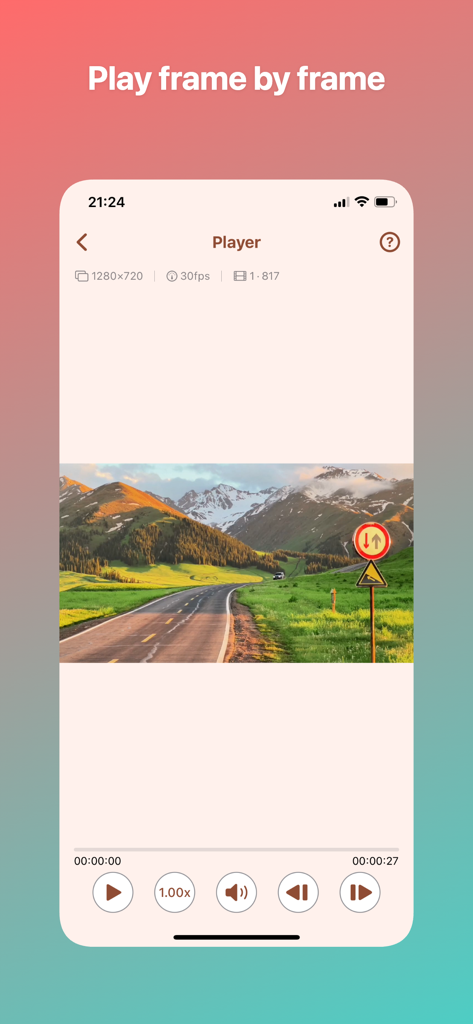 Framo app screen displaying frame-by-frame video playback and analysis controls.