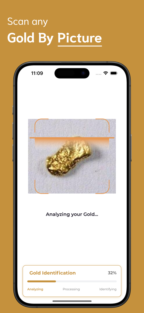 Gold Identifier - A smartphone displaying the Gold Identifier app interface scanning a gold nugget with a progress bar showing gold identification analysis.