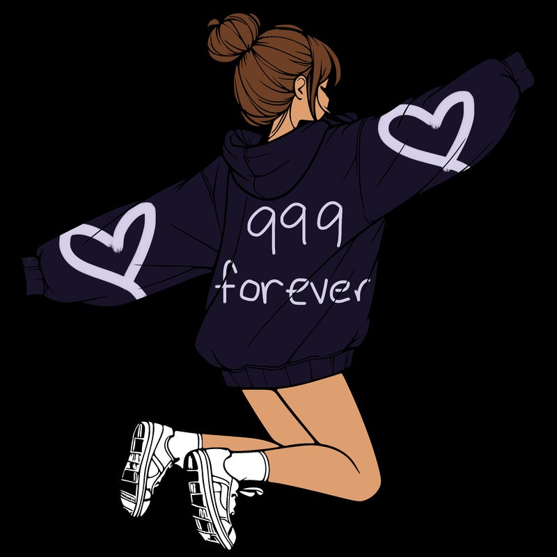 realistic girl jumping with a bun and oversized sweatshirt