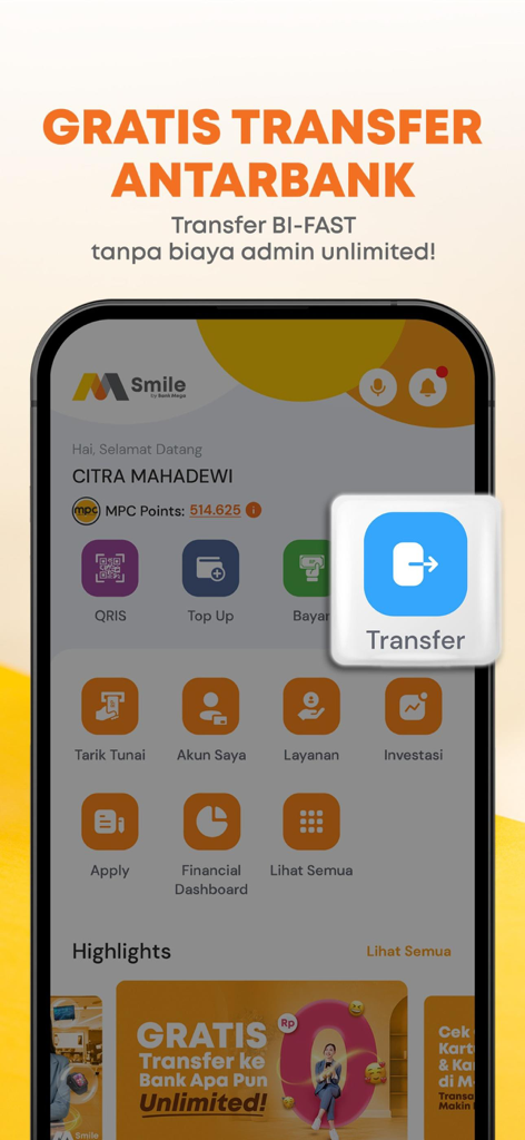 M-Smileモバイルバンキングアプリのインターフェース。無料の銀行間送金オプションとさまざまなサービスアイコンが表示されています。