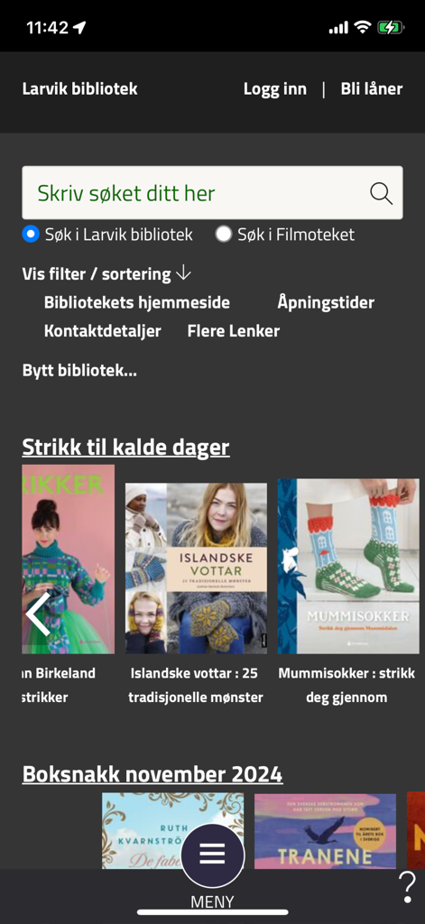 Bibliofil app interface for Larvik library featuring a search bar and curated book recommendations for knitting and local events.
